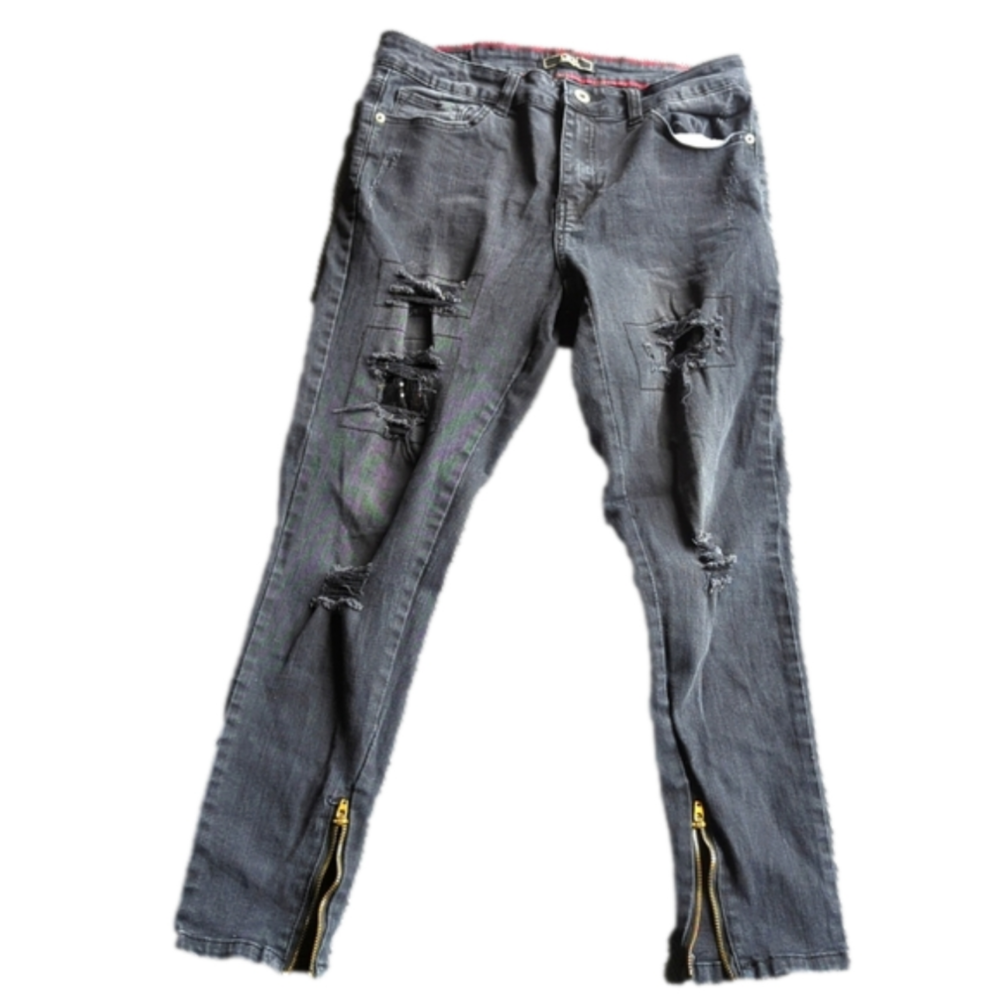 Lucky & blessed black skinny jeans with zipped ankles distressing.